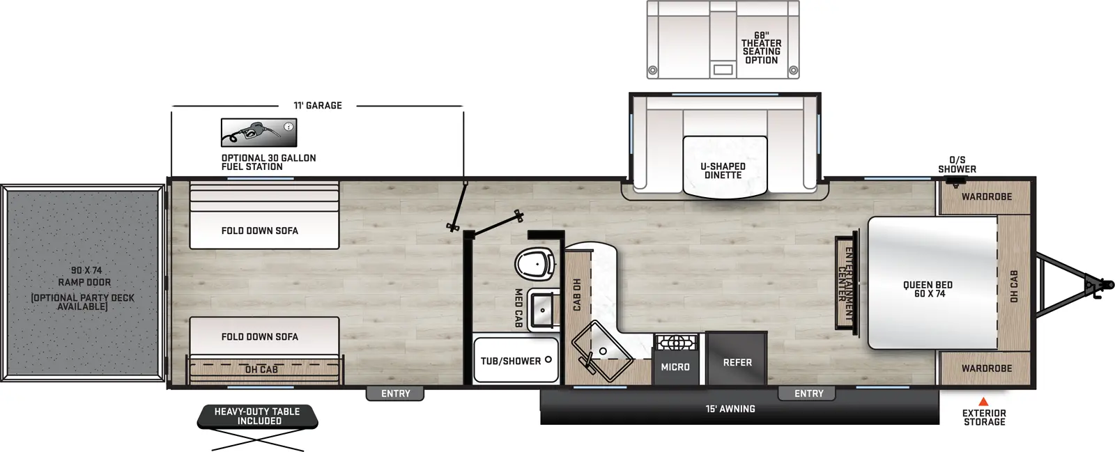 The 29THS has one slide out two entry doors. Exterior features include a 15 foot awning, front exterior storage, outside shower, heavy-duty table, and rear ramp door. Interior layout front to back: foot facing queen bed with overhead cabinet and wardrobes on either side; island entertainment center along inner wall; off-door side u-dinette slide out; door side entry, refrigerator, cook top stove, microwave, corner sink, overhead cabinet, and counter that wraps to inner wall; door side full bathroom with medicine cabinet; rear garage with opposing fold-down sofas with overhead cabinet on door side, and second entry. Optional 30 gallon fuel station available. Optional party deck available on rear ramp door. Garage Dimensions: 132 inches from rear ramp to bathroom wall.